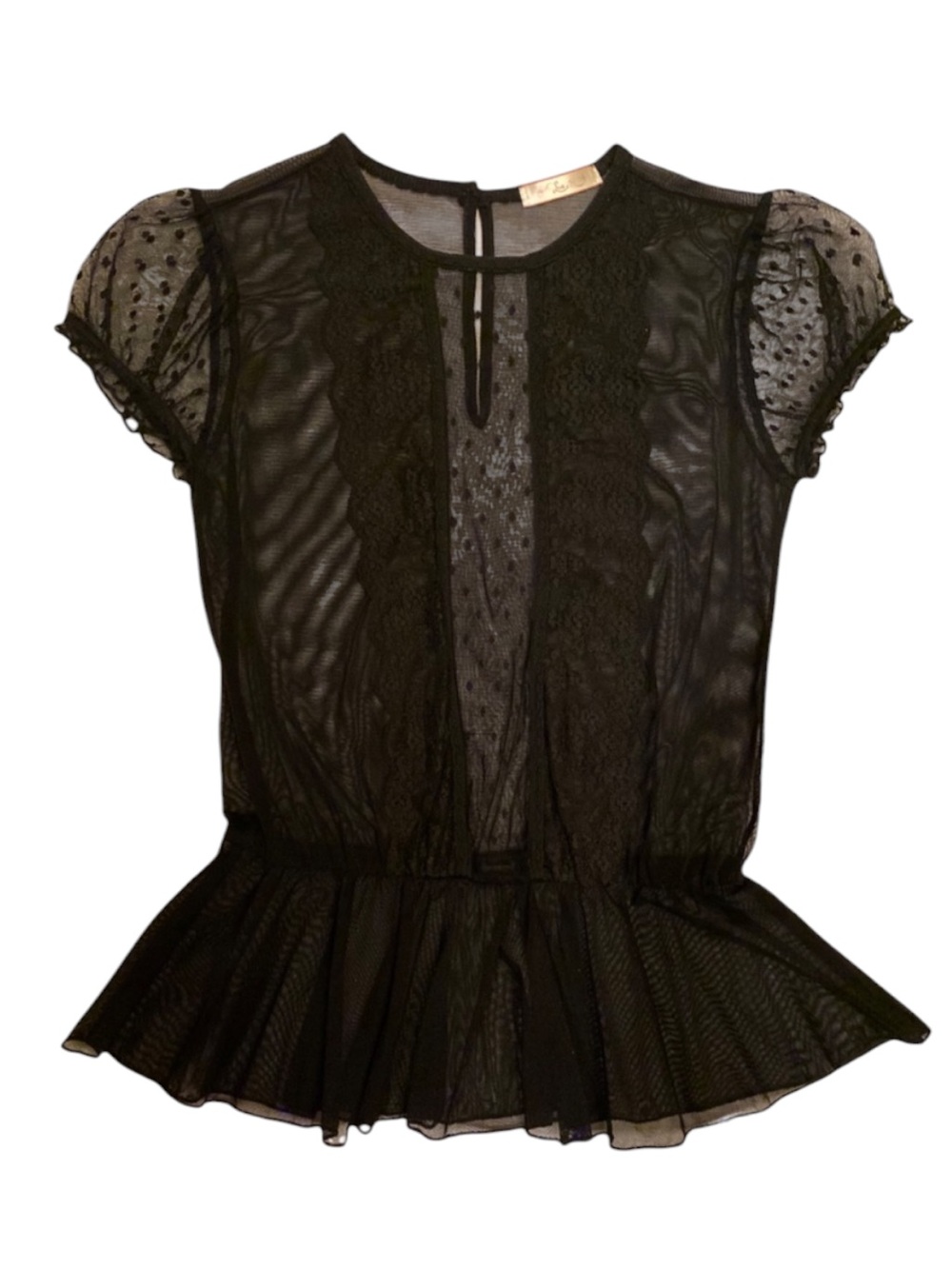 Rare LUX VTG Sheer Black Lace Peplum Cinched/Waist Cap/Sleeve Mesh Polka Dots - Picture 5 of 5